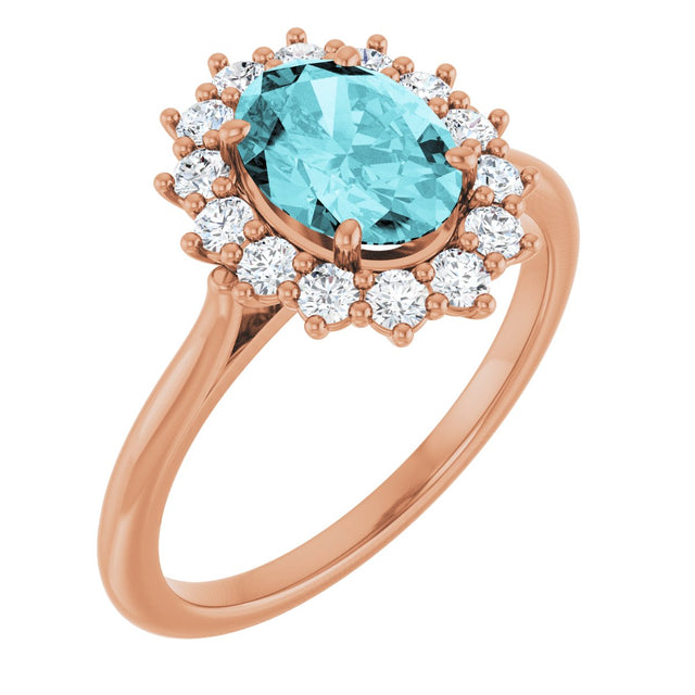 14K Gold Oval Natural Blue Zircon & Natural Diamond Halo-Style Ring - Rose Gold