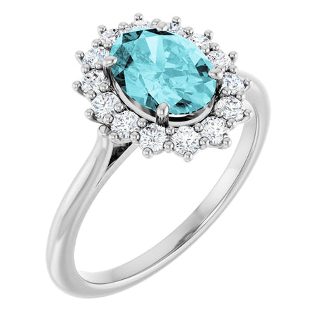 Platinum Oval Natural Blue Zircon & Natural Diamond Halo-Style Ring
