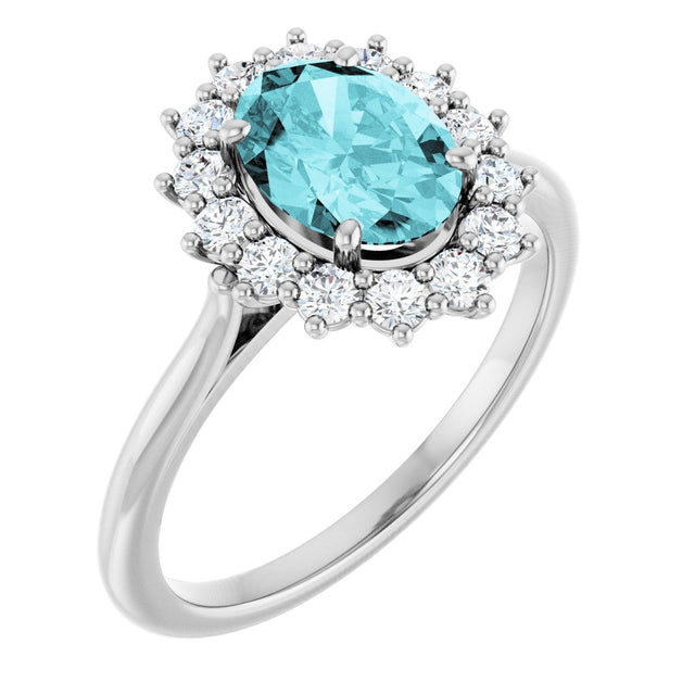 Platinum Oval Natural Blue Zircon & Natural Diamond Halo-Style Ring