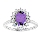 14K Gold Oval Natural Amethyst & Natural Diamond Halo-Style Ring – 8x6mm - White Gold - view 3