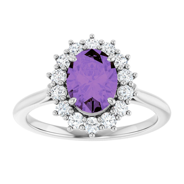 14K Gold Oval Natural Amethyst & Natural Diamond Halo-Style Ring – 8x6mm - White Gold - view 3