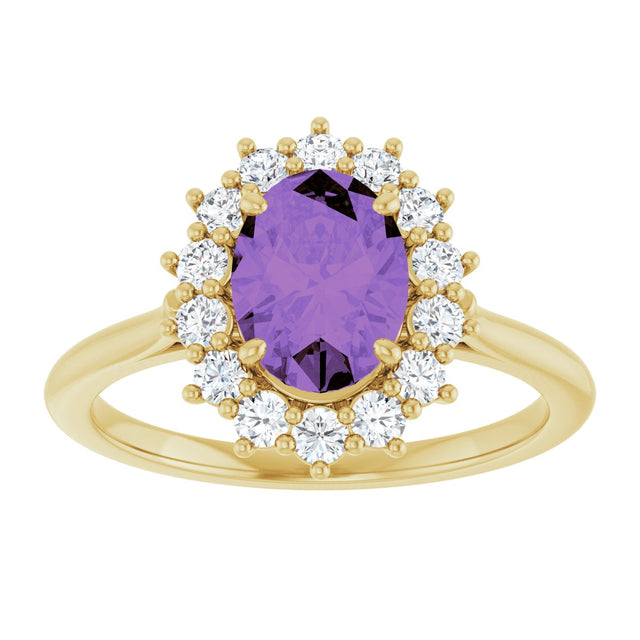 14K Gold Oval Natural Amethyst & Natural Diamond Halo-Style Ring – 8x6mm - Yellow Gold - view 3