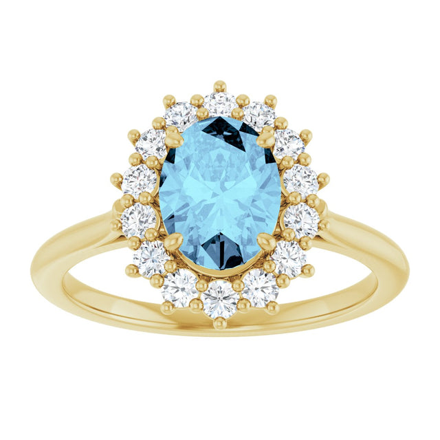 14K Gold Oval Natural Aquamarine & Natural Diamond Halo-Style Ring - Yellow Gold - view 3