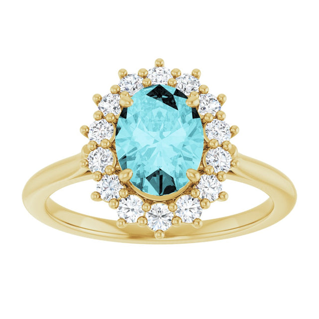 14K Gold Oval Natural Blue Zircon & Natural Diamond Halo-Style Ring - Yellow Gold - view 3