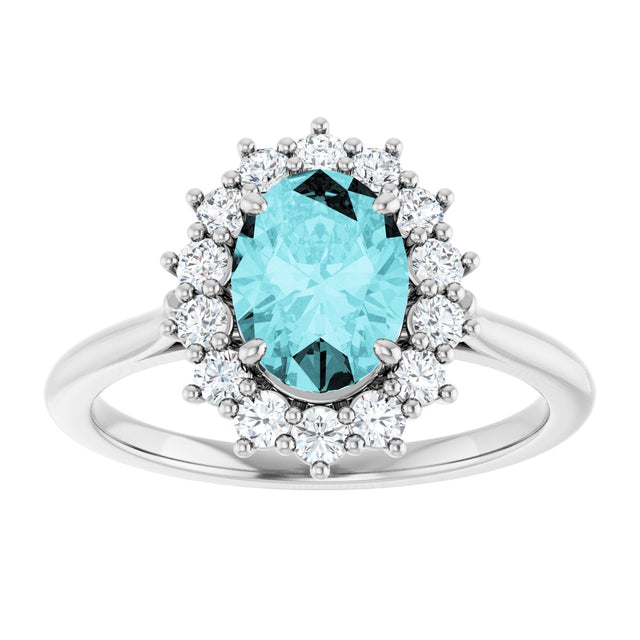 14K Gold Oval Natural Blue Zircon & Natural Diamond Halo-Style Ring - White Gold - view 3