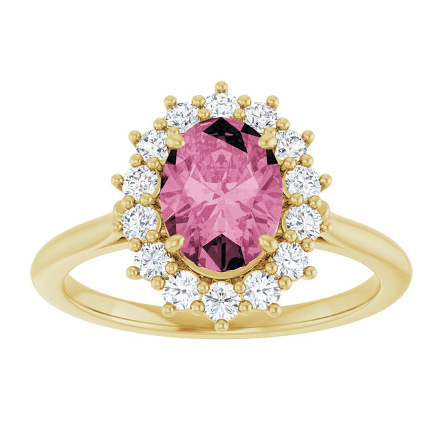 14K Gold Oval Natural Pink Tourmaline & Natural Diamond Halo-Style Ring - Yellow Gold - view 3