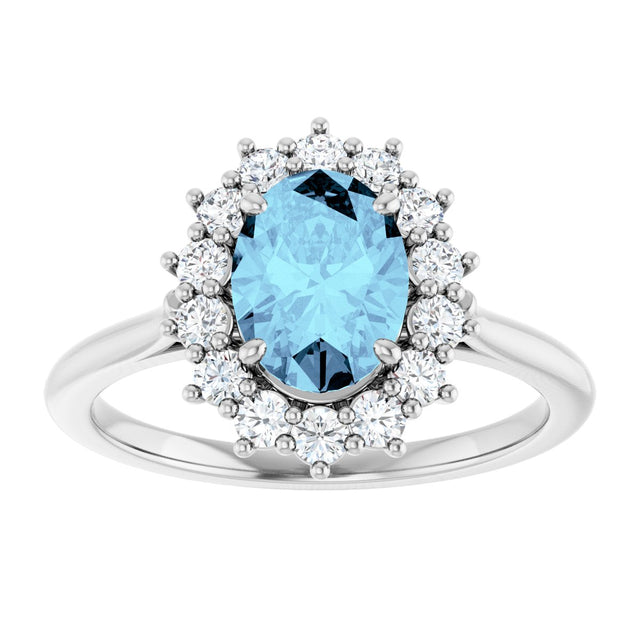 Platinum Oval Natural Aquamarine & Natural Diamond Halo-Style Ring - view 3