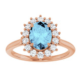 14K Gold Oval Natural Aquamarine & Natural Diamond Halo-Style Ring - Rose Gold - view 3