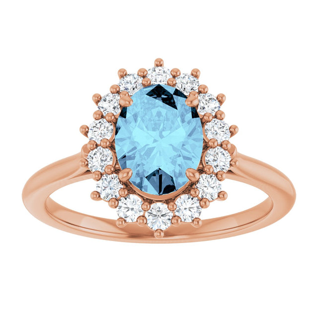 14K Gold Oval Natural Aquamarine & Natural Diamond Halo-Style Ring - Rose Gold - view 3