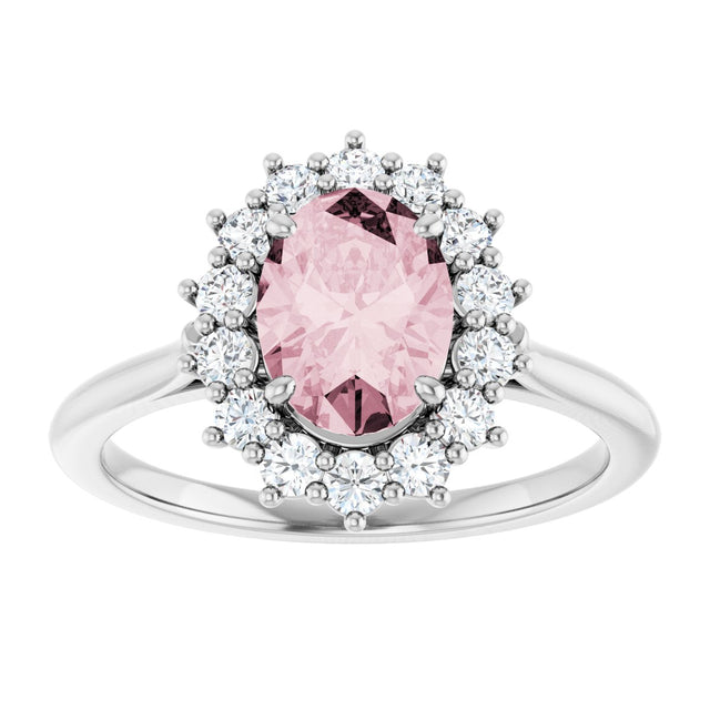 Platinum Oval Natural Pink Morganite & Natural Diamond Halo-Style Ring - view 3