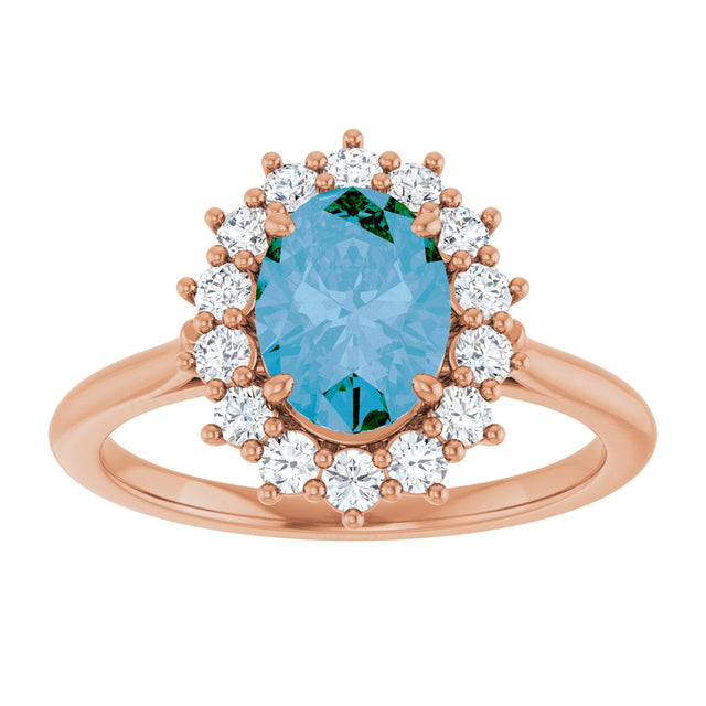 14K Gold Oval Natural Swiss Blue Topaz & Natural Diamond Halo-Style Ring – 8x6mm - Rose Gold - view 3