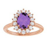 14K Gold Oval Natural Amethyst & Natural Diamond Halo-Style Ring – 8x6mm - Rose Gold - view 3