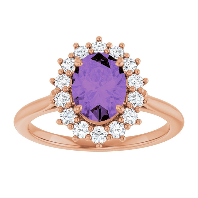 14K Gold Oval Natural Amethyst & Natural Diamond Halo-Style Ring – 8x6mm - Rose Gold - view 3