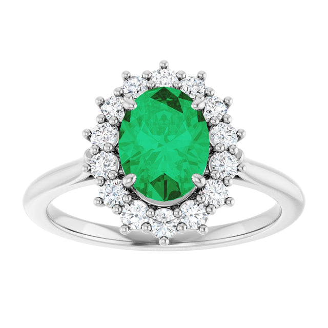 Platinum Oval Lab-Grown Emerald & Natural Diamond Halo-Style Ring - view 3