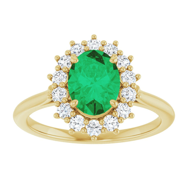 14K Gold Oval Lab-Grown Emerald & Natural Diamond Halo-Style Ring – 8x6mm - Yellow Gold - view 3