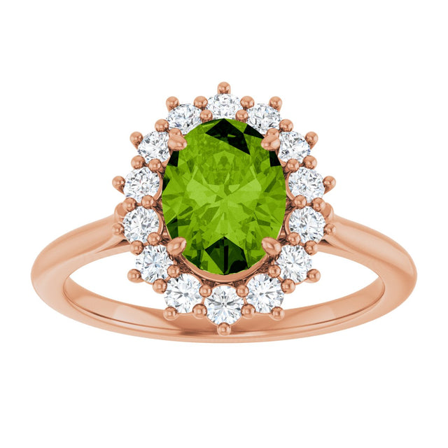 14K Gold Oval Natural Peridot & Natural Diamond Halo-Style Ring - Rose Gold - view 3