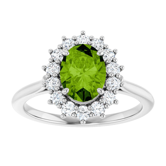 Platinum Oval Natural Peridot & Natural Diamond Halo-Style Ring - view 3