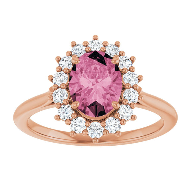 14K Gold Oval Natural Pink Tourmaline & Natural Diamond Halo-Style Ring - Rose Gold - view 3