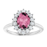Platinum Oval Natural Pink Tourmaline & Natural Diamond Halo-Style Ring - view 3