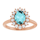 14K Gold Oval Natural Blue Zircon & Natural Diamond Halo-Style Ring - Rose Gold - view 3
