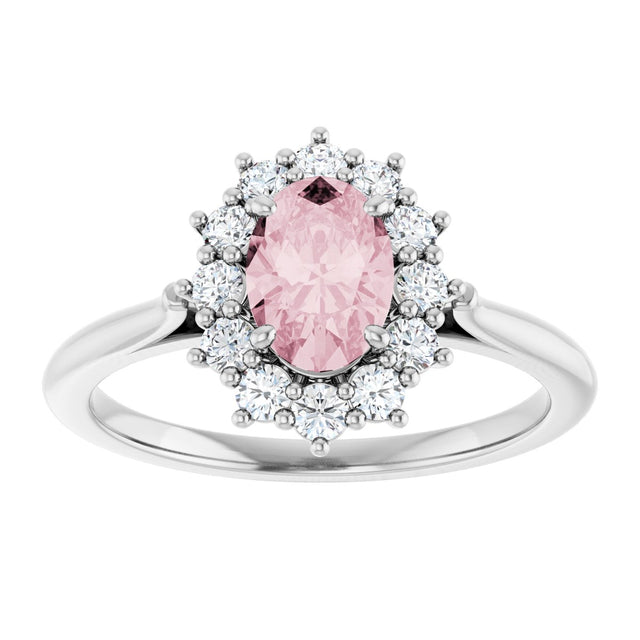 14K Gold Oval Natural Pink Morganite & Natural Diamond Halo-Style Ring – 7mm Stones - White Gold - view 3