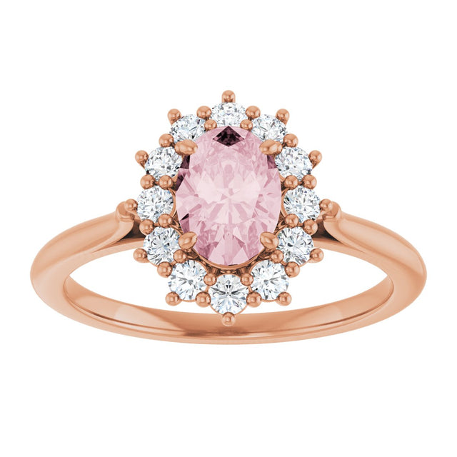 14K Gold Oval Natural Pink Morganite & Natural Diamond Halo-Style Ring – 7mm Stones - Rose Gold - view 3