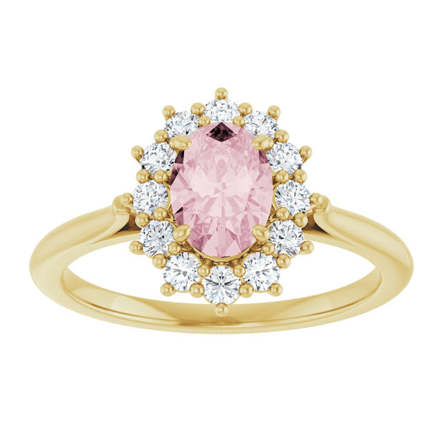 14K Gold Oval Natural Pink Morganite & Natural Diamond Halo-Style Ring – 7mm Stones - Yellow Gold - view 3