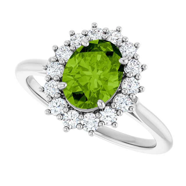 14K Gold Oval Natural Peridot & Natural Diamond Halo-Style Ring - White Gold - view 5