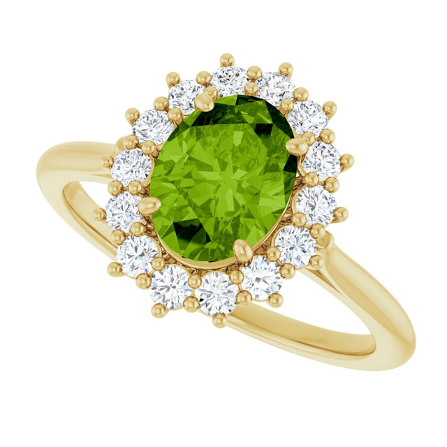 14K Gold Oval Natural Peridot & Natural Diamond Halo-Style Ring - Yellow Gold - view 5