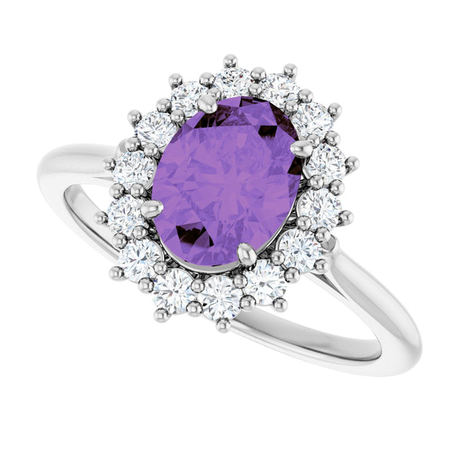 14K Gold Oval Natural Amethyst & Natural Diamond Halo-Style Ring – 8x6mm - White Gold - view 5