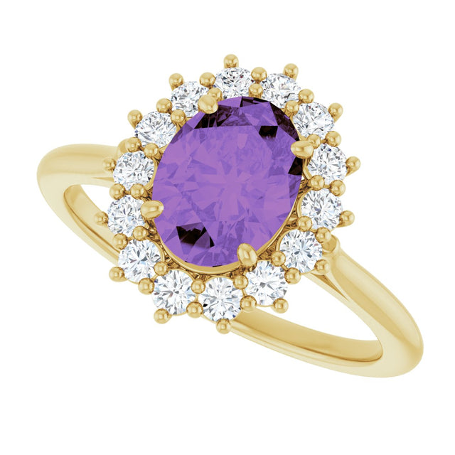 14K Gold Oval Natural Amethyst & Natural Diamond Halo-Style Ring – 8x6mm - Yellow Gold - view 5