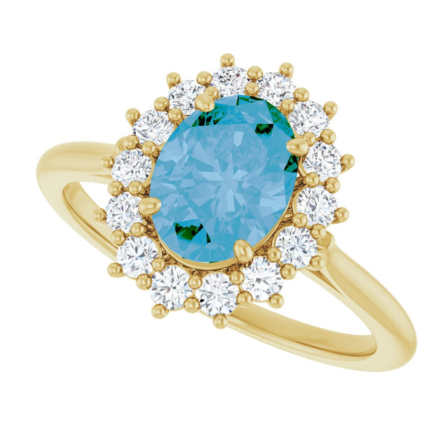 14K Gold Oval Natural Swiss Blue Topaz & Natural Diamond Halo-Style Ring – 8x6mm - Yellow Gold - view 5