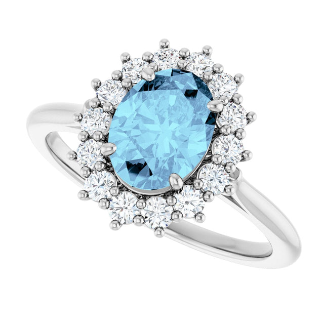 14K Gold Oval Natural Aquamarine & Natural Diamond Halo-Style Ring - White Gold - view 5