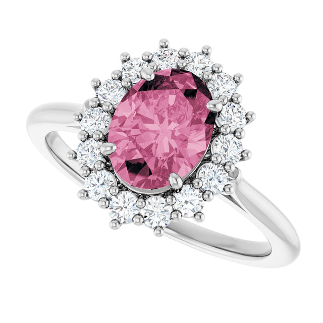 14K Gold Oval Natural Pink Tourmaline & Natural Diamond Halo-Style Ring - White Gold - view 5