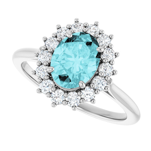 14K Gold Oval Natural Blue Zircon & Natural Diamond Halo-Style Ring - White Gold - view 5