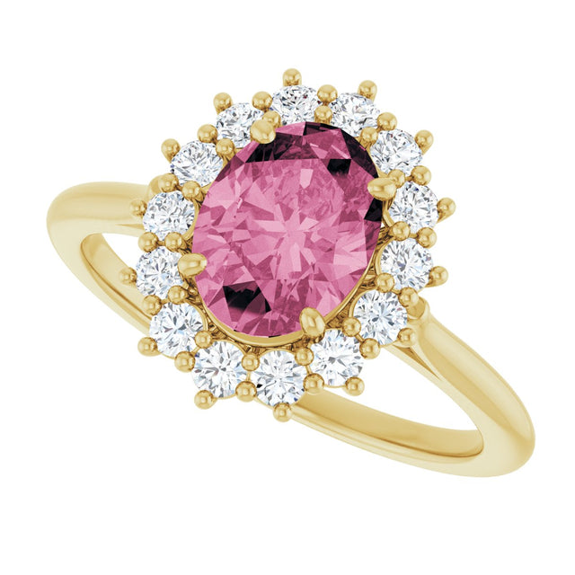 14K Gold Oval Natural Pink Tourmaline & Natural Diamond Halo-Style Ring - Yellow Gold - view 5