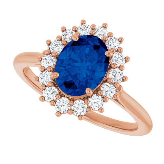 14K Gold Oval Lab-Grown Blue Sapphire & Natural Diamond Halo-Style Ring – 8x6mm - Rose Gold - view 5