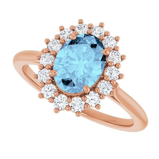 14K Gold Oval Natural Aquamarine & Natural Diamond Halo-Style Ring - Rose Gold - view 5