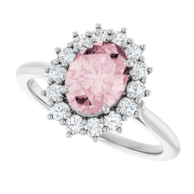 Platinum Oval Natural Pink Morganite & Natural Diamond Halo-Style Ring - view 5