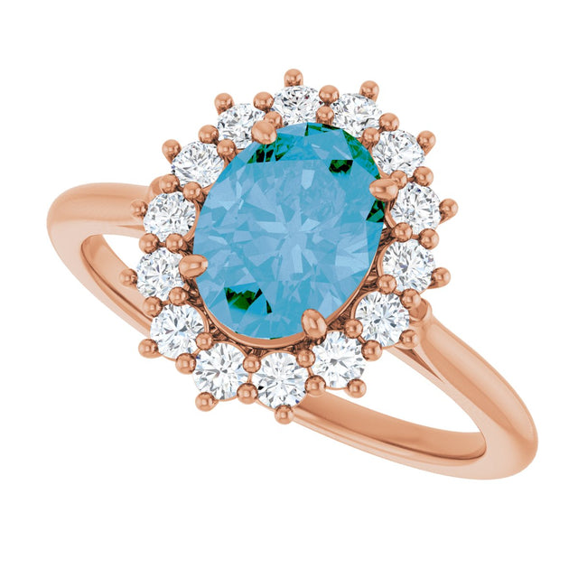 14K Gold Oval Natural Swiss Blue Topaz & Natural Diamond Halo-Style Ring – 8x6mm - Rose Gold - view 5