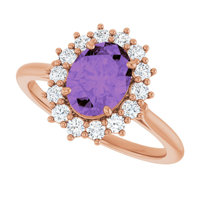 14K Gold Oval Natural Amethyst & Natural Diamond Halo-Style Ring – 8x6mm - Rose Gold - view 5