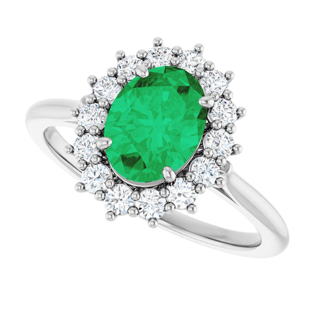 Platinum Oval Lab-Grown Emerald & Natural Diamond Halo-Style Ring - view 5