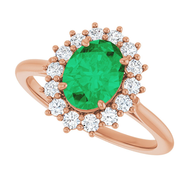 14K Gold Oval Lab-Grown Emerald & Natural Diamond Halo-Style Ring – 8x6mm - Rose Gold - view 5