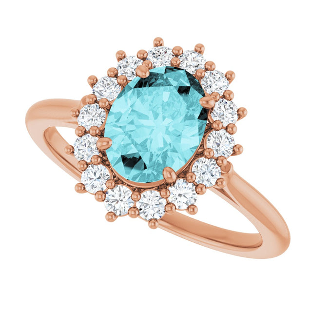 14K Gold Oval Natural Blue Zircon & Natural Diamond Halo-Style Ring - Rose Gold - view 5