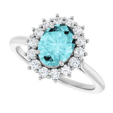Platinum Oval Natural Blue Zircon & Natural Diamond Halo-Style Ring - view 5
