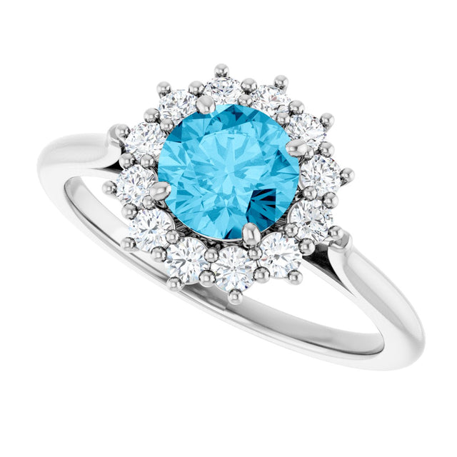 10K Gold Round Natural Aquamarine & Lab-Grown Diamond Halo-Style Ring - White Gold - view 5