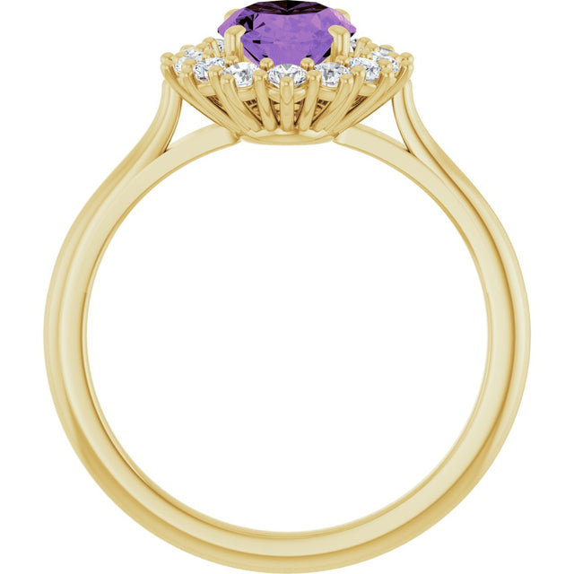 14K Gold Oval Natural Amethyst & Natural Diamond Halo-Style Ring – 8x6mm - Yellow Gold - view 2