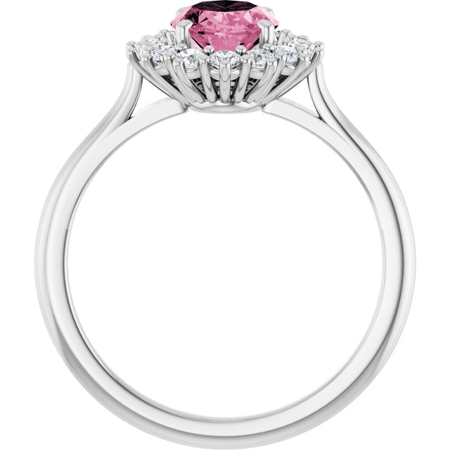 14K Gold Oval Natural Pink Tourmaline & Natural Diamond Halo-Style Ring - White Gold - view 2