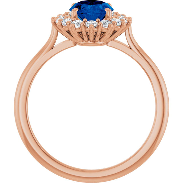 14K Gold Oval Lab-Grown Blue Sapphire & Natural Diamond Halo-Style Ring – 8x6mm - Rose Gold - view 2