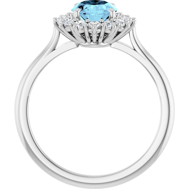 Platinum Oval Natural Aquamarine & Natural Diamond Halo-Style Ring - view 2
